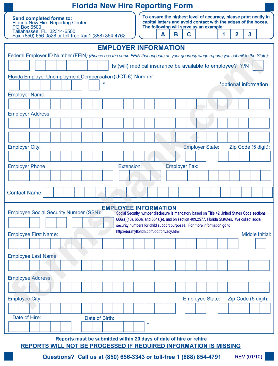 Florida New Hire Reporting Form printable pdf download