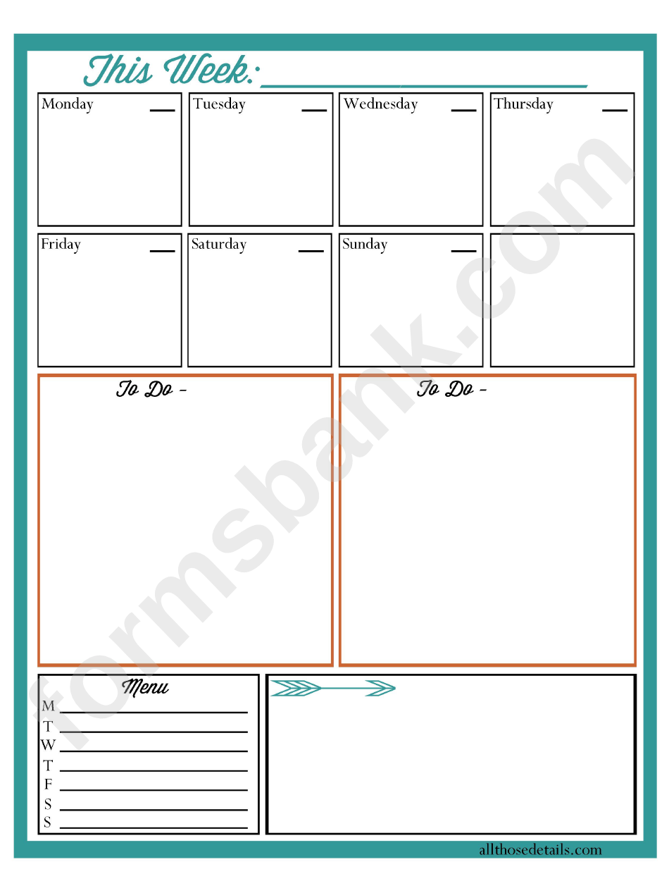 Weekly Day Planner Template With To Do List And Menu