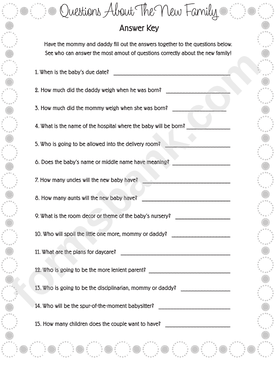 Questions About The New Family - Baby Shower Game Template