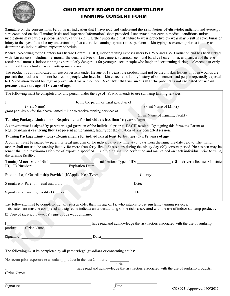 Tanning Consent Forms - Ohio State Board Of Cosmetology
