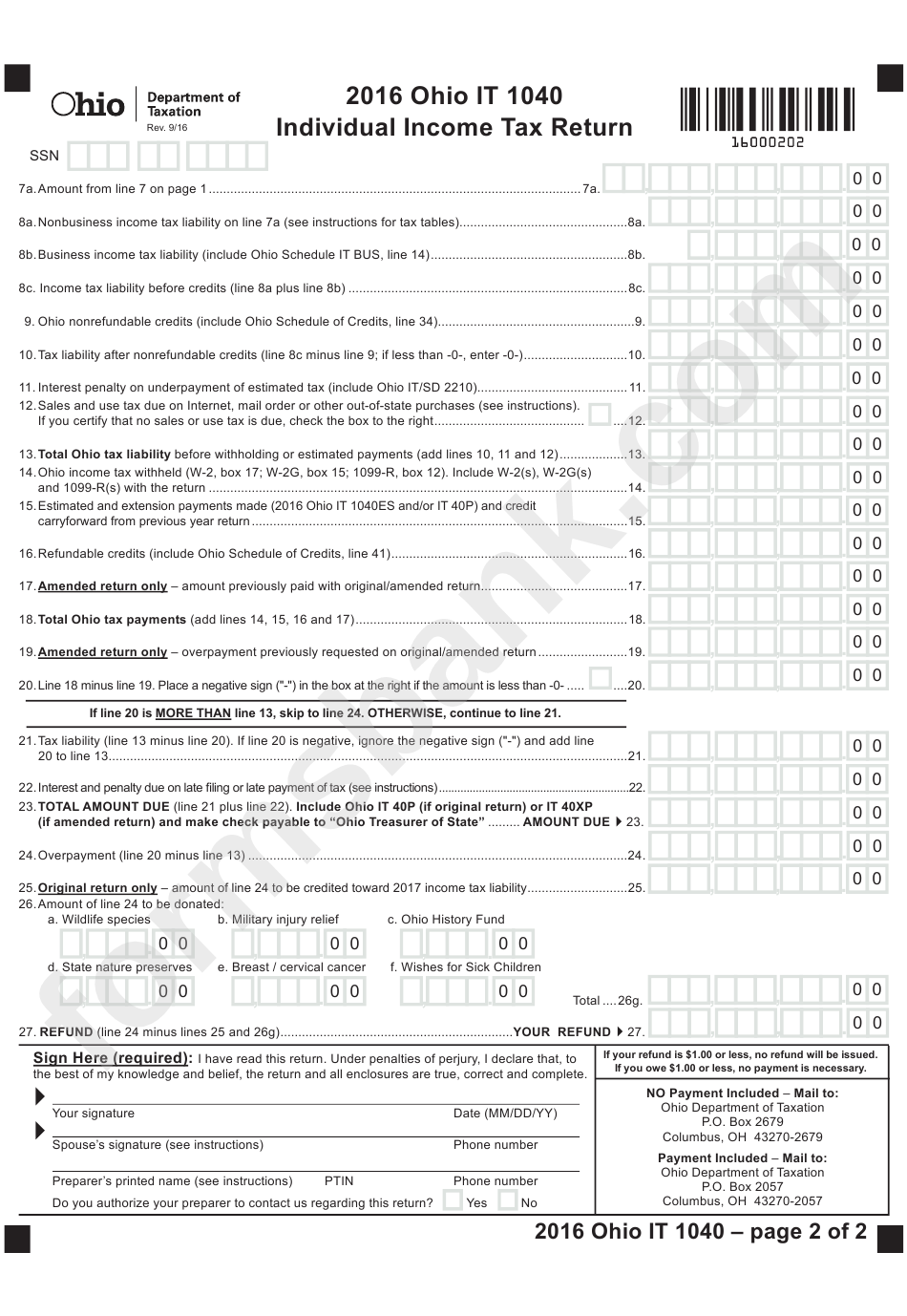 Form It 1040 - Ohio Individual Income Tax Return - 2016