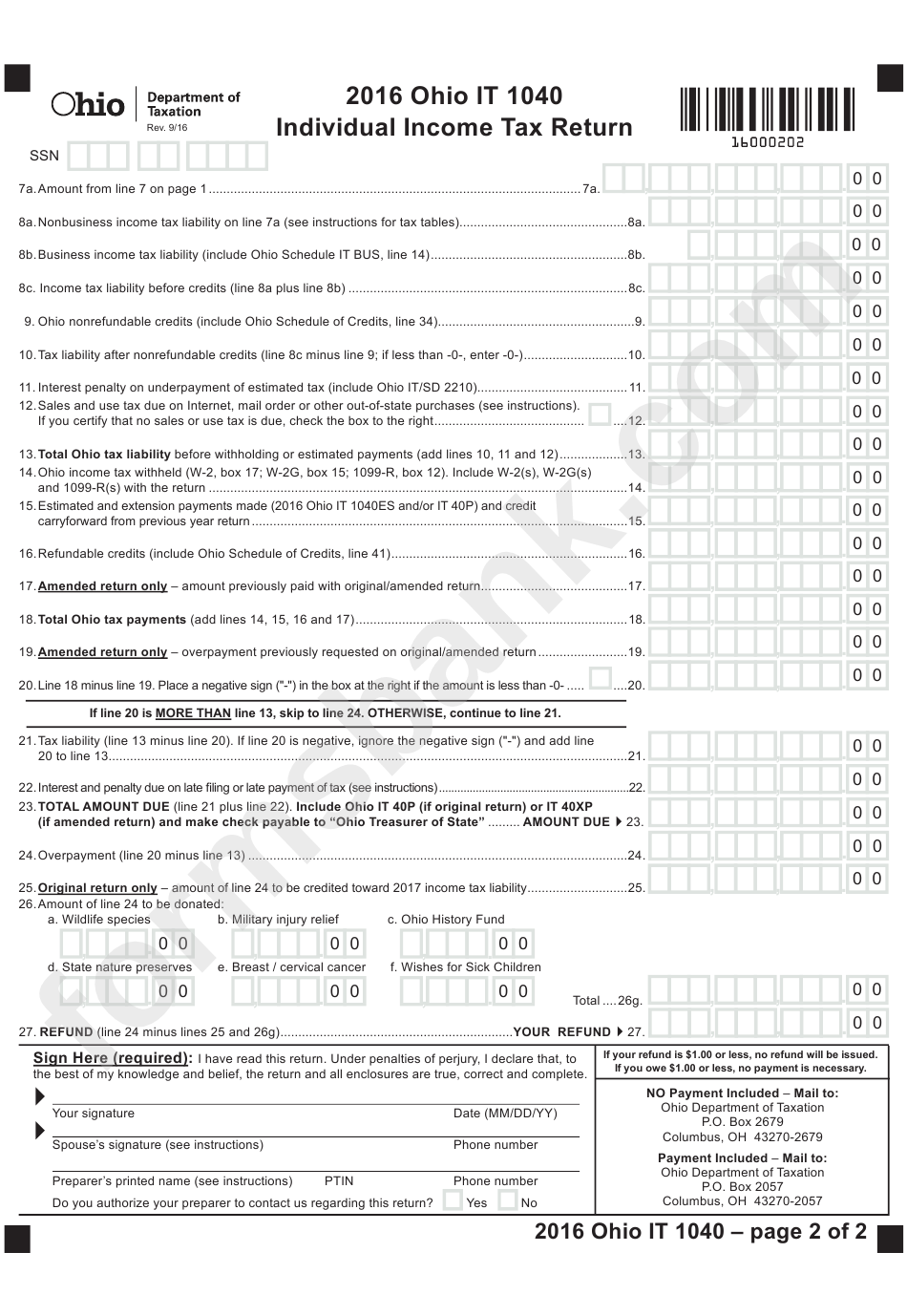 Form It 1040 Ohio Individual Income Tax Return 2016 Printable Pdf Download