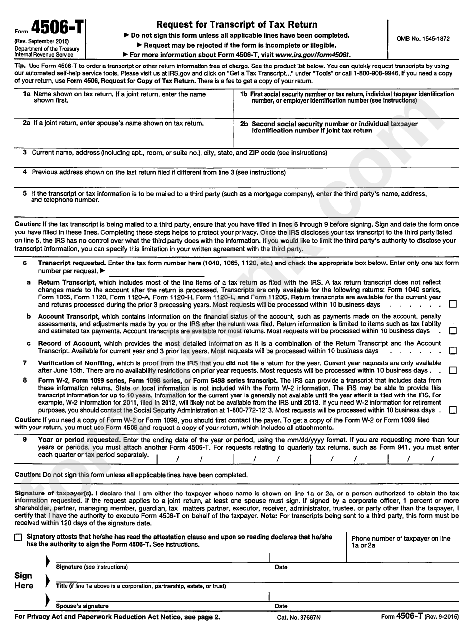 Form 4506-T - Request For Transcript Of Tax Return