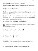 Polynomial Functions And Quadratic Models Worksheet - Lecture 6, University Of Florida