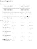 Zeros Of Polynomials Worksheet Template With Answer Key - Calin M. Agut