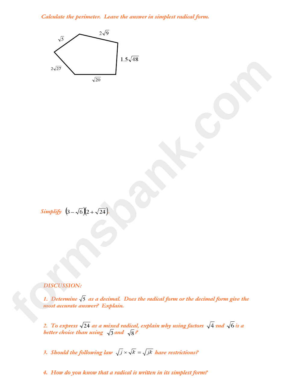 Polynomials, Rational Expressions And Operating With Radicals Worksheet