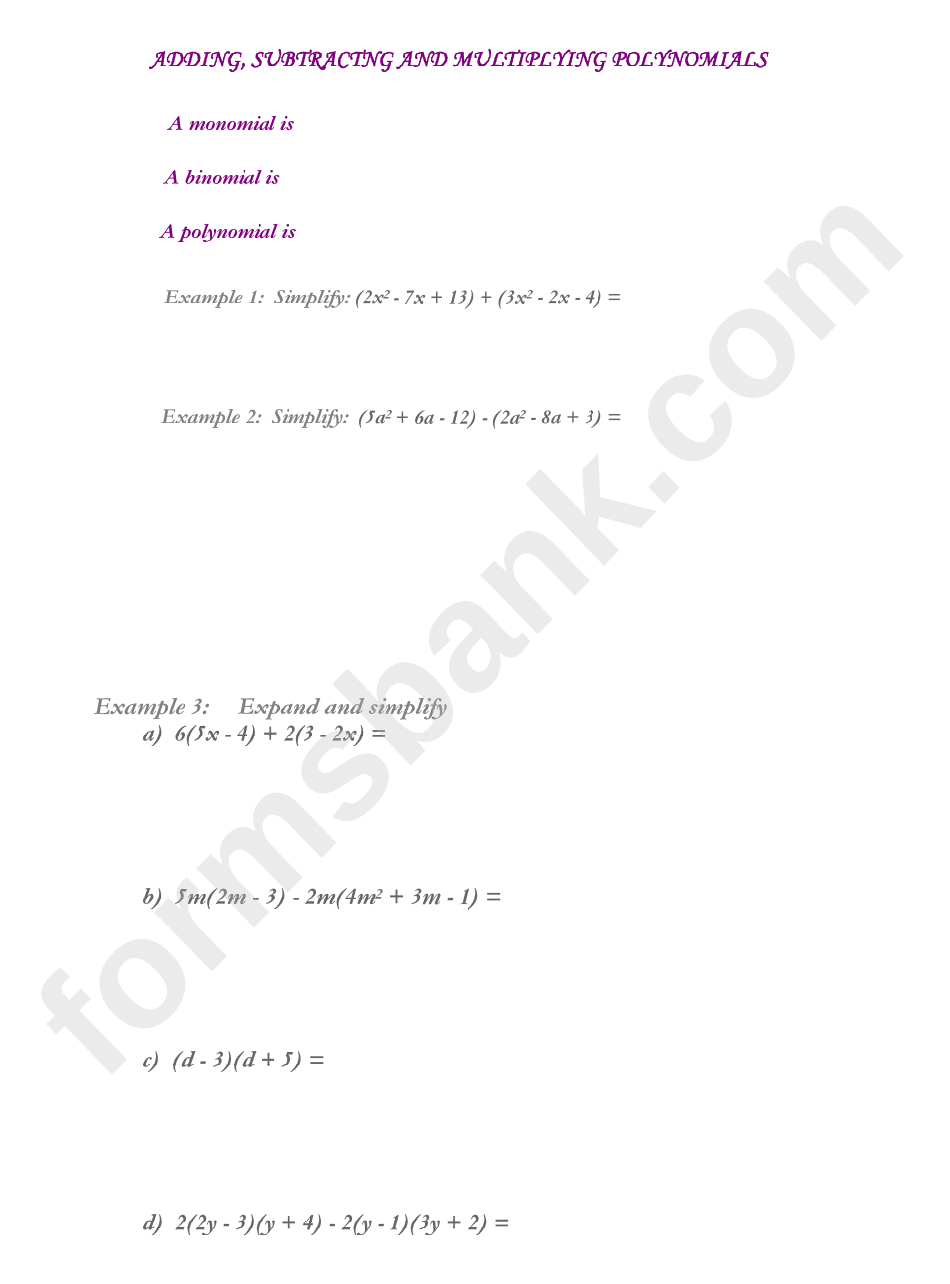Polynomials, Rational Expressions And Operating With Radicals Worksheet