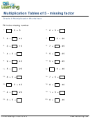 Multiplication Tables Of 5 Missing Factor Worksheet With Answer Key - Grade 2
