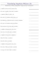 Translating Algebraic Phrases (a) Worksheet With Answer Key