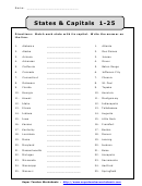 States & Capitals 1-25 Worksheet With Answer Key