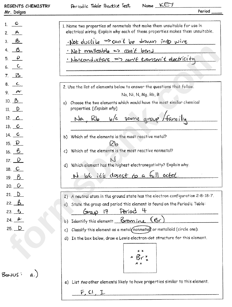Periodic Table Practice Worksheet With Answer Key - Regents Chemistry, Mr. Dolgos