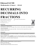 Edexcel Gcse Mathematics (linear) 1ma0 Worksheet - Recurring Decimals Into Fractions