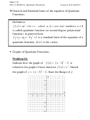 Math 110 Lectures 12 And 13 - Quadratic Functions Worksheet