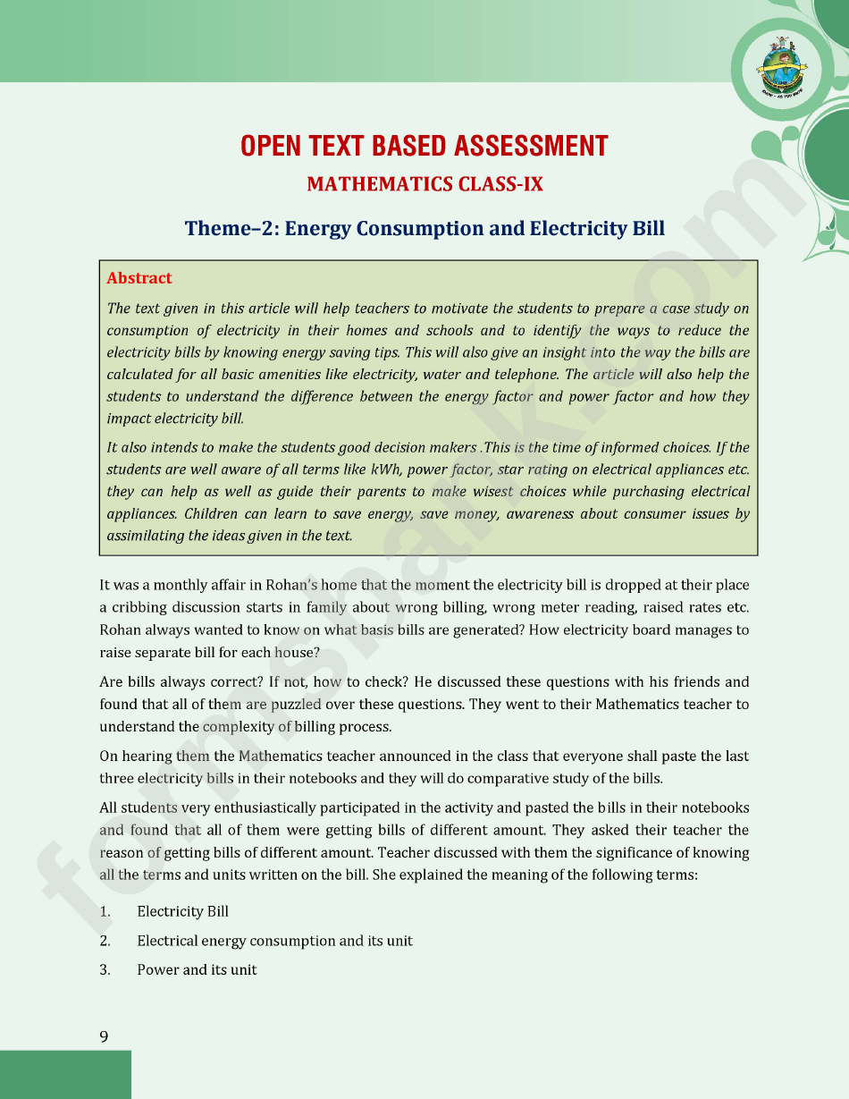 Cbse Open Text Based Assessment Worksheet - Class Ix - Board Of High School And Intermediate Education - 2015-2016