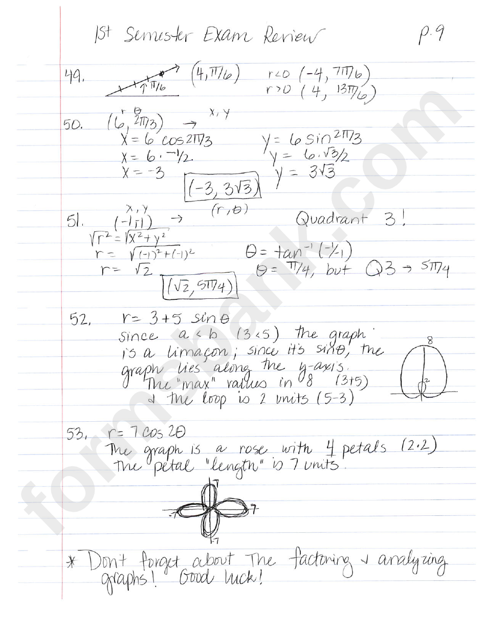 Pre-Ap Pre-Calculus 1st Semester Exam Review With Answers - Varsity Math, Coach G - 2015