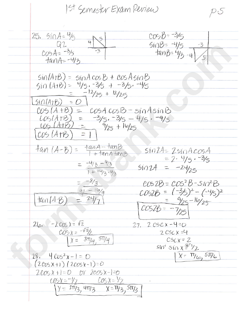 Pre-Ap Pre-Calculus 1st Semester Exam Review With Answers - Varsity Math, Coach G - 2015