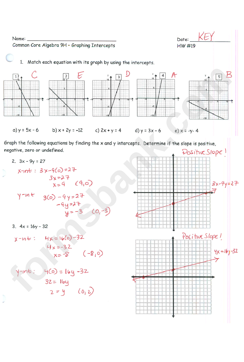 Graphing Intercepts Workhseet With Answers - Common Core Algebra 9h