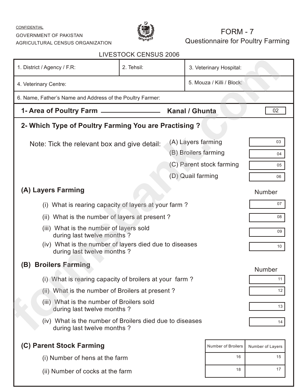 Form 7 - Questionnaire For Poultry Farming - 2006