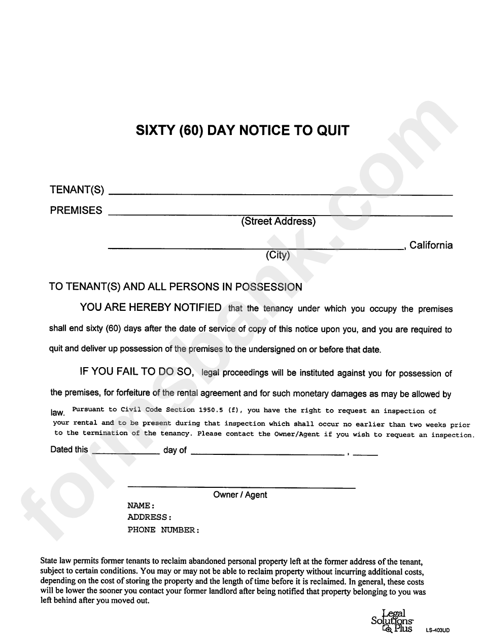 60 Day Notice To Quit Template - California - Legal Solutions Plus