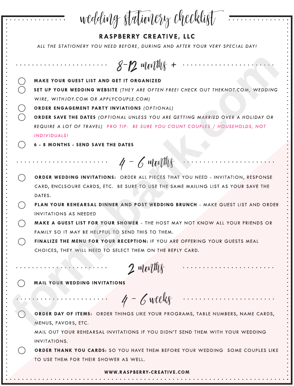 Wedding Stationery Checklist - Raspberry Creative, Llc