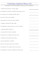 Translating Algebraic Phrases (e) Worksheet With Answers