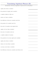 Translating Algebraic Phrases (d) Math Worksheet With Answers