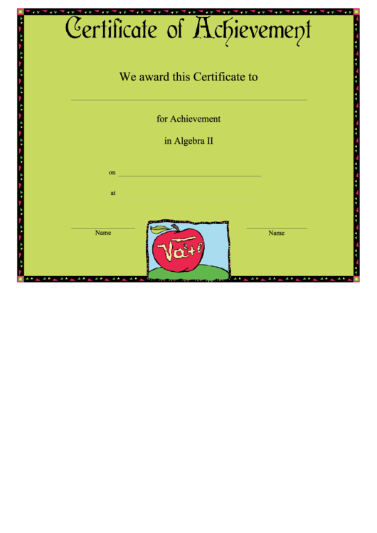 Algebra Ii Achievement Certificate (Green) Printable pdf