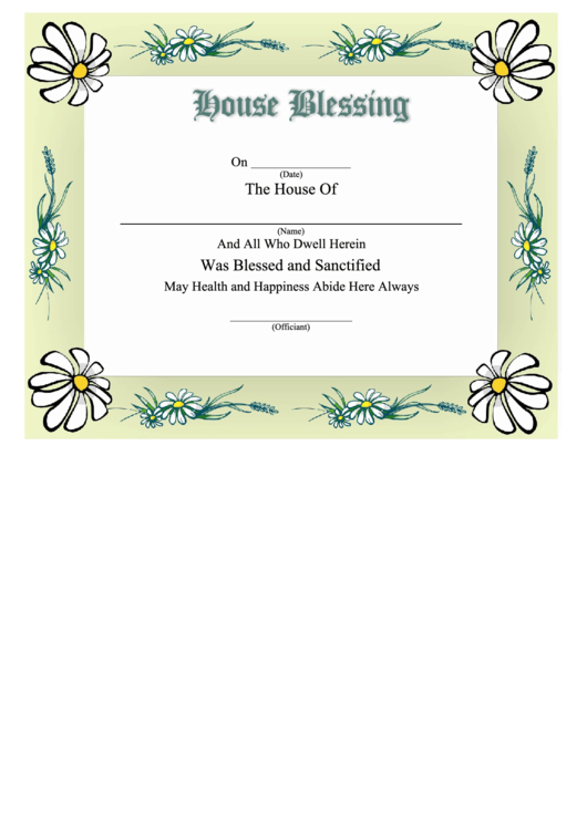 House Blessing Certificate Template - Daisies Printable pdf