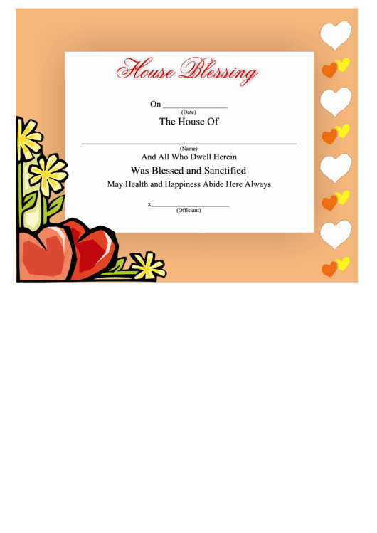 House Blessing Certificate Template - Hearts Printable pdf