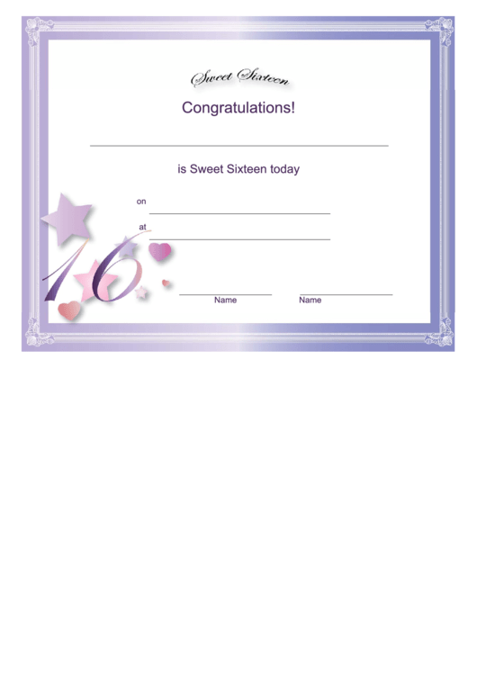 Sweet Sixteen Certificate Printable pdf