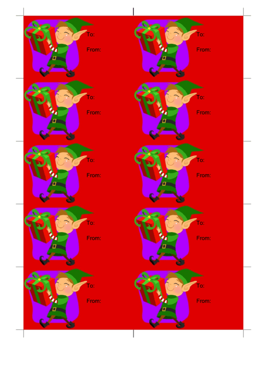 Gift Tag Template - Elf With Gift (Red/purple) Printable pdf