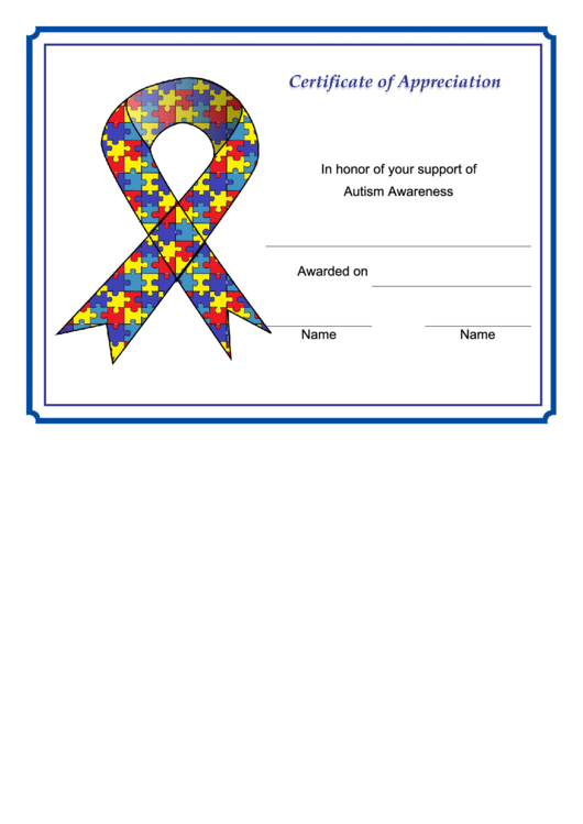 Autism Awareness Ribbon Certificate Printable pdf