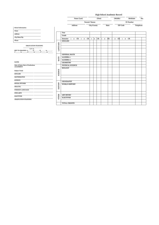 High School Academic Record Template Printable pdf
