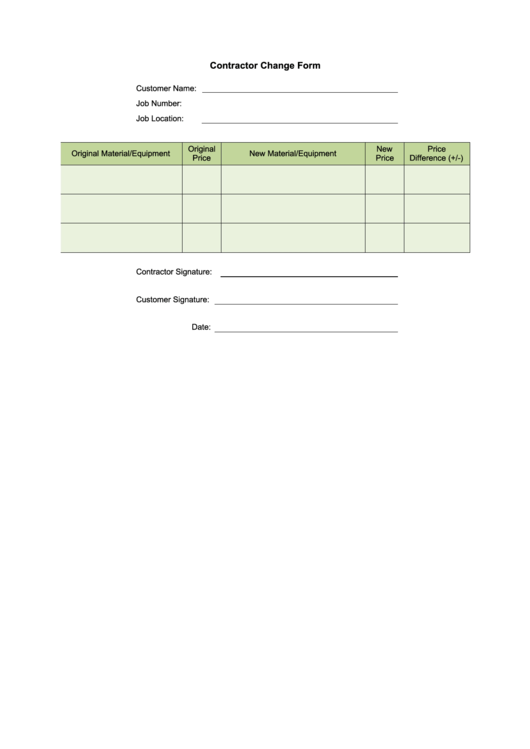 Contractor Change Order Form Printable pdf