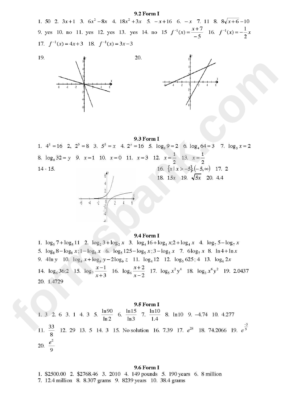 Additional Exercises 9.1 Form I Functions Worksheet With Answers