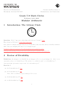 Modular Arithmetic Math Worksheet With Answers - Grade 7/8, University Of Waterloo, 2016 Printable pdf