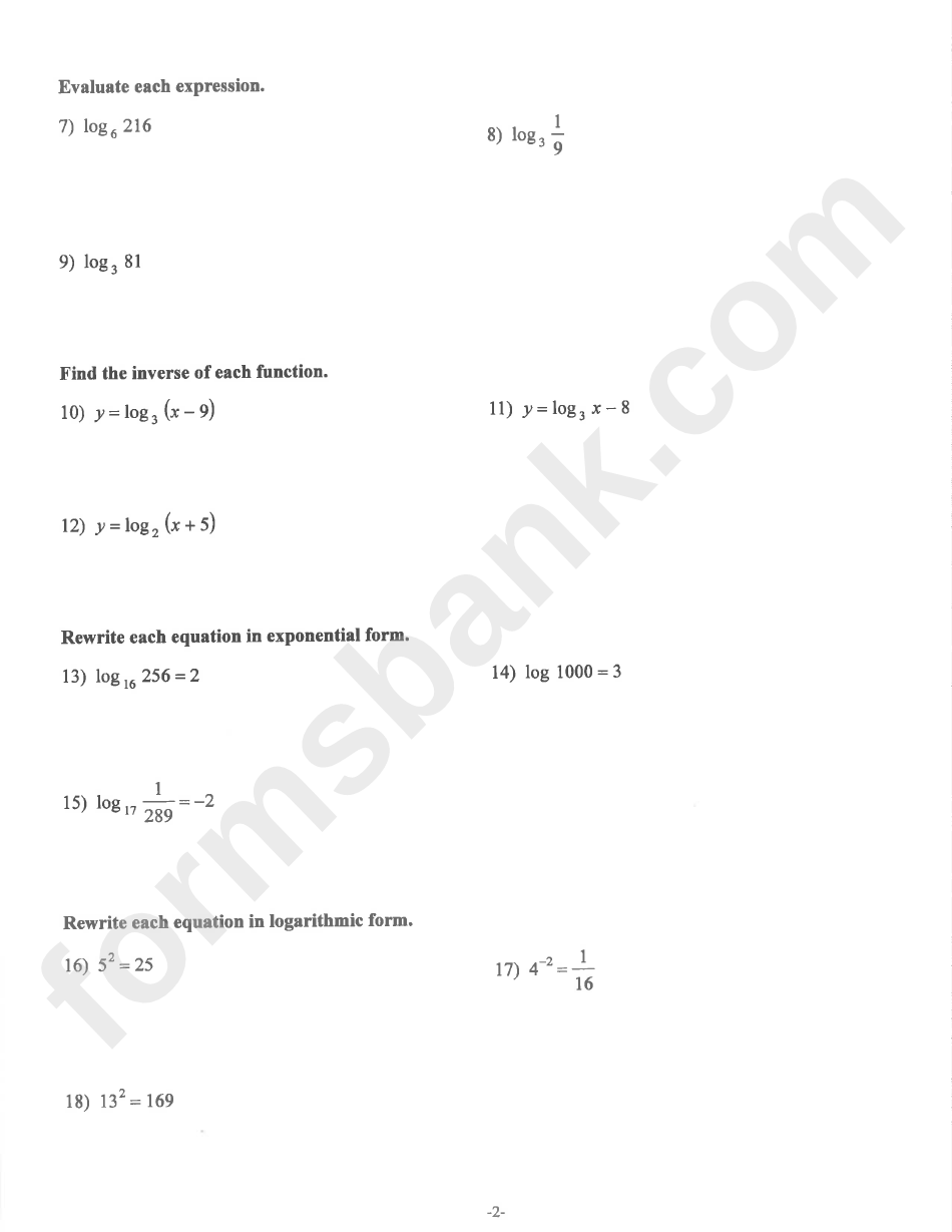 Logarithmic Functions Day 2 Worksheet - Algebra 2, 11th Grade