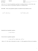 Convert Quadratic Equations In Standard Form To Vertex Form Worksheet - Lesson 74, Algebra, Mr. Jones
