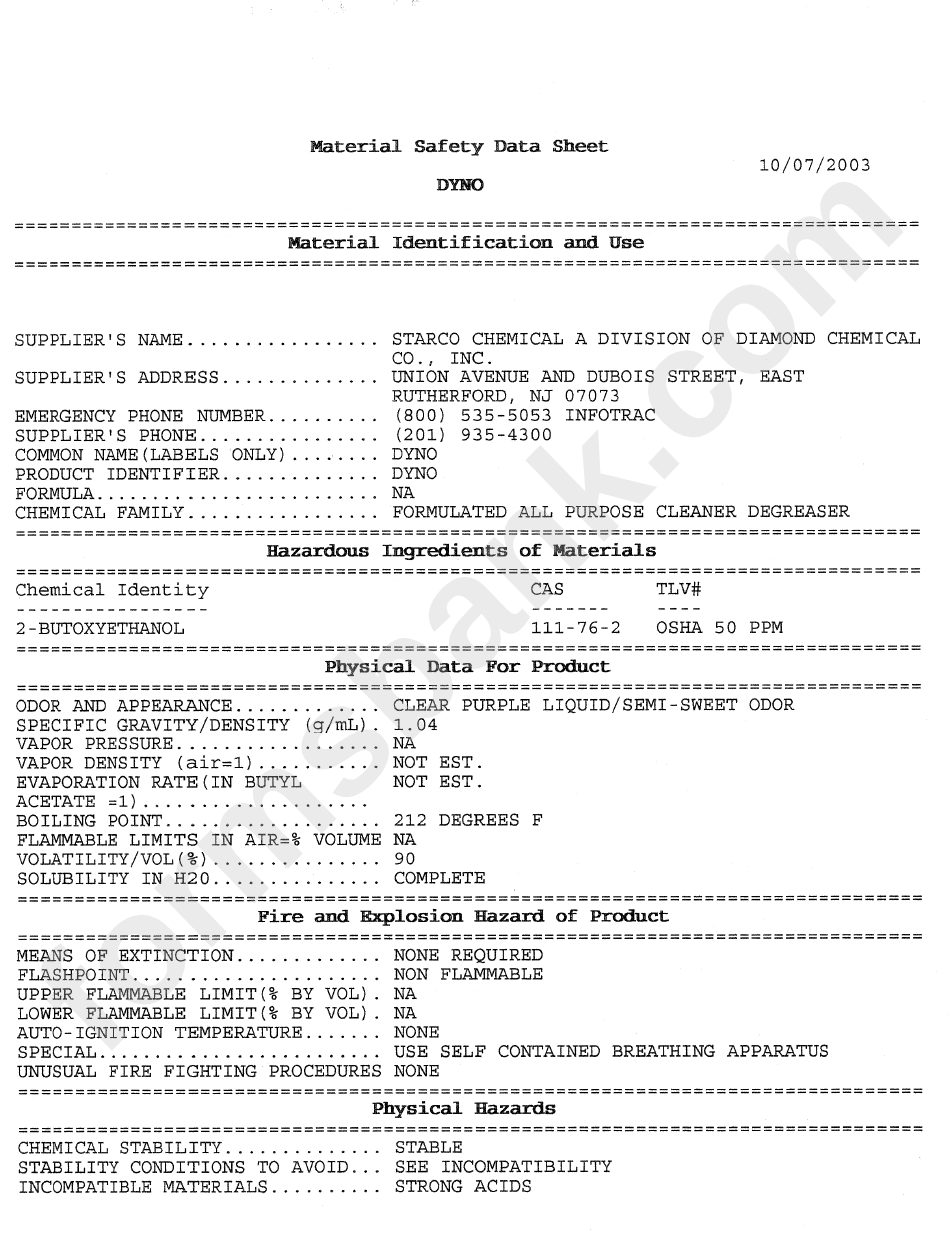 Material Safety Data Sheet - Dyno - All Purpose Cleaner Degreaser