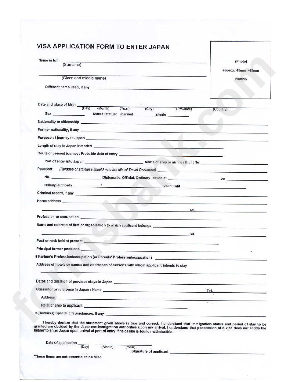 Japan Visa Application Form printable pdf download