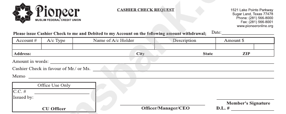 Cashier Check Request Form Template - Pioneer Muslim Federal Credit Union