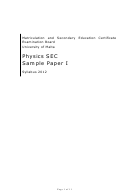 Physics Sec Sample Paper I Worksheet - University Of Malta, 2012 Printable pdf