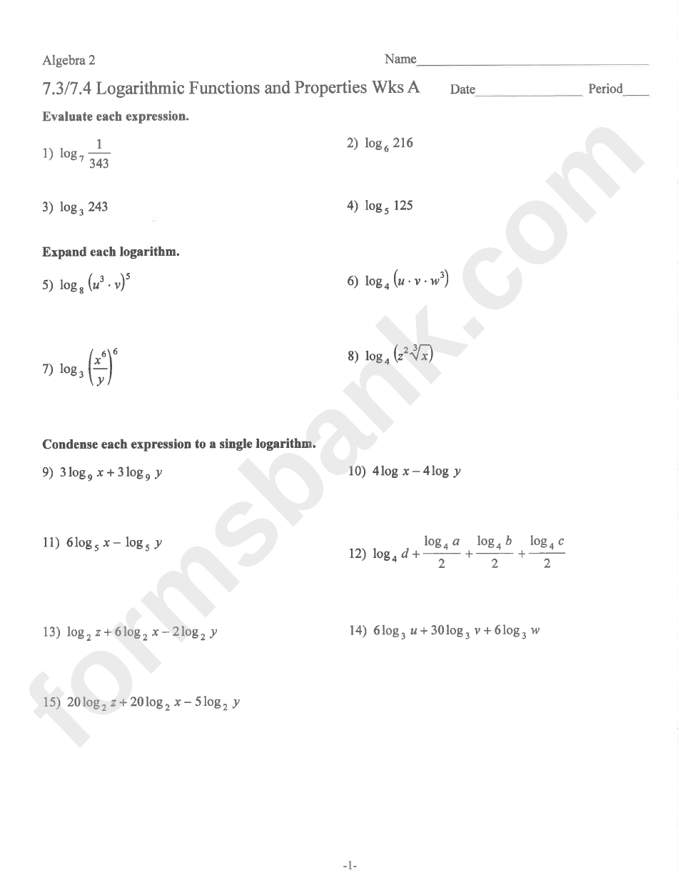 Algebra 2 7 3 7 4 Logarithmic Functions And Properties Worksheet A Printable Pdf Download