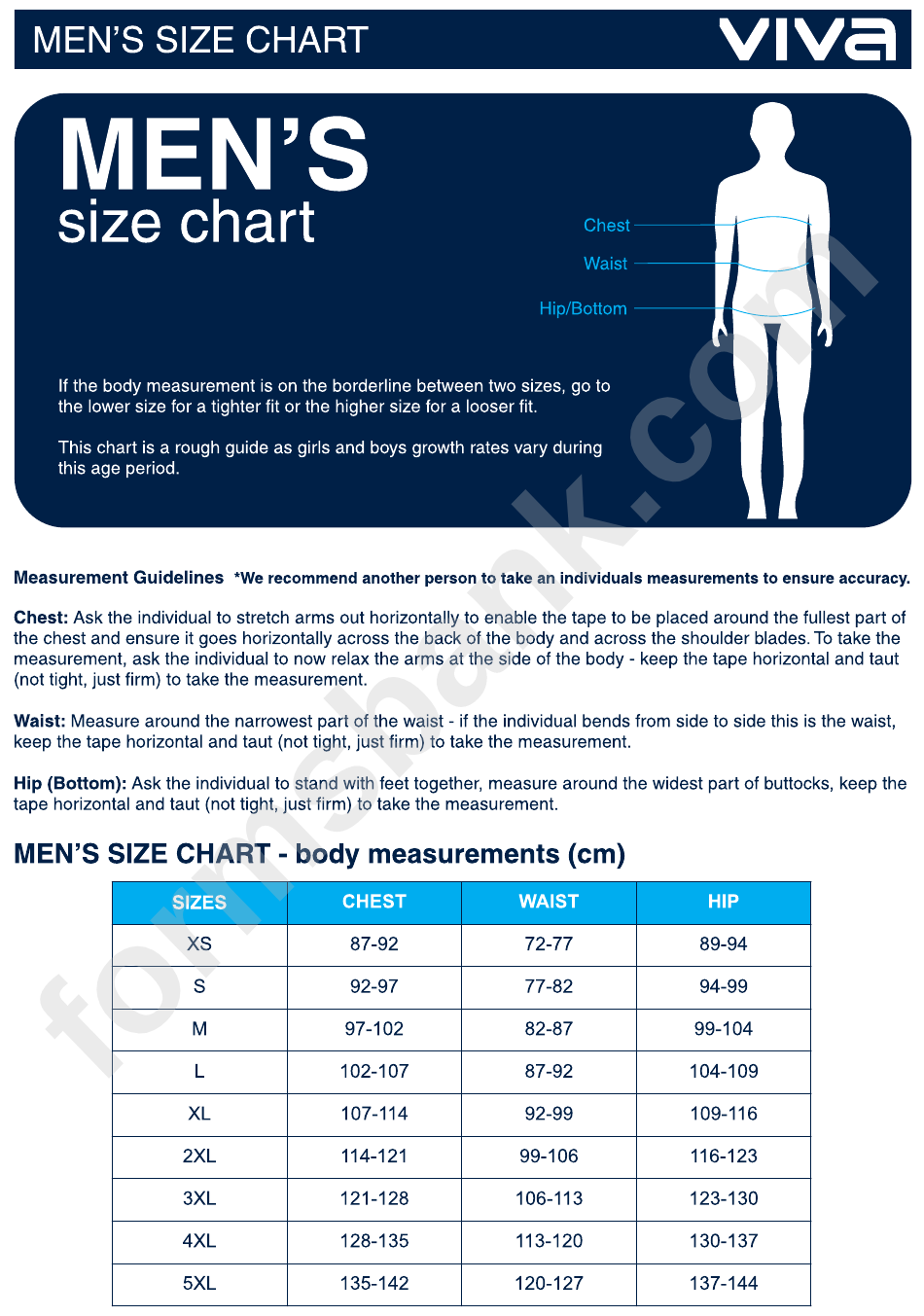 Viva Men'S Size Chart printable pdf download