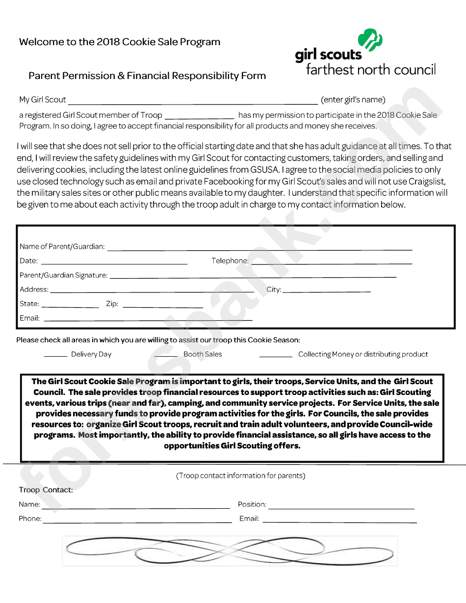 Parent Permission & Financial Responsibility Form - Girl Scouts Of North Council - 2018
