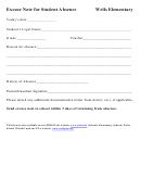 Excuse Note For Student Absence Form - Wells Elementary Printable pdf