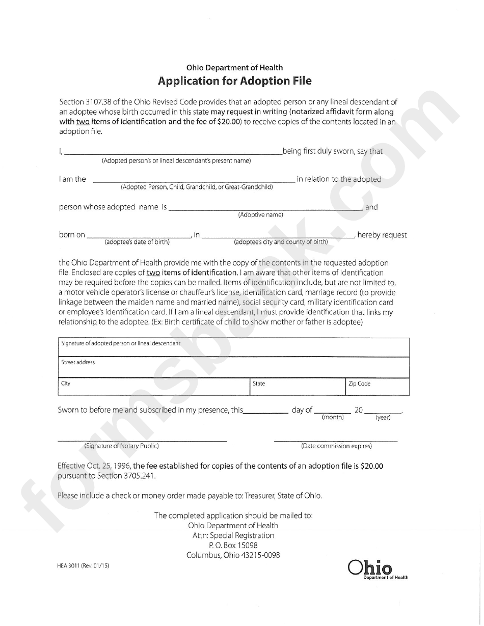 Form Hea 3011 - Application For Adoption File