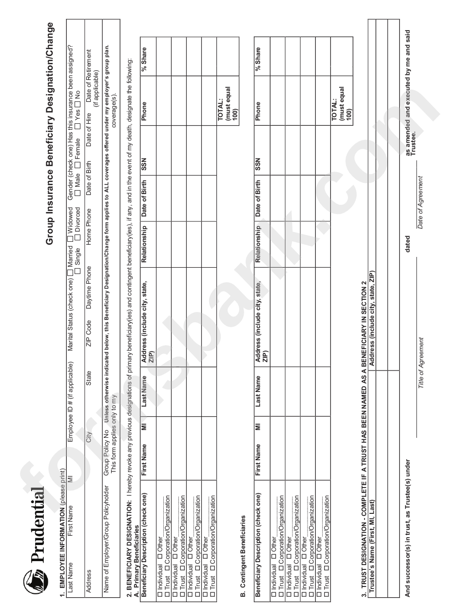 Group Insurance Beneficiary Designation/change Form - Prudential Insurance Company Of America