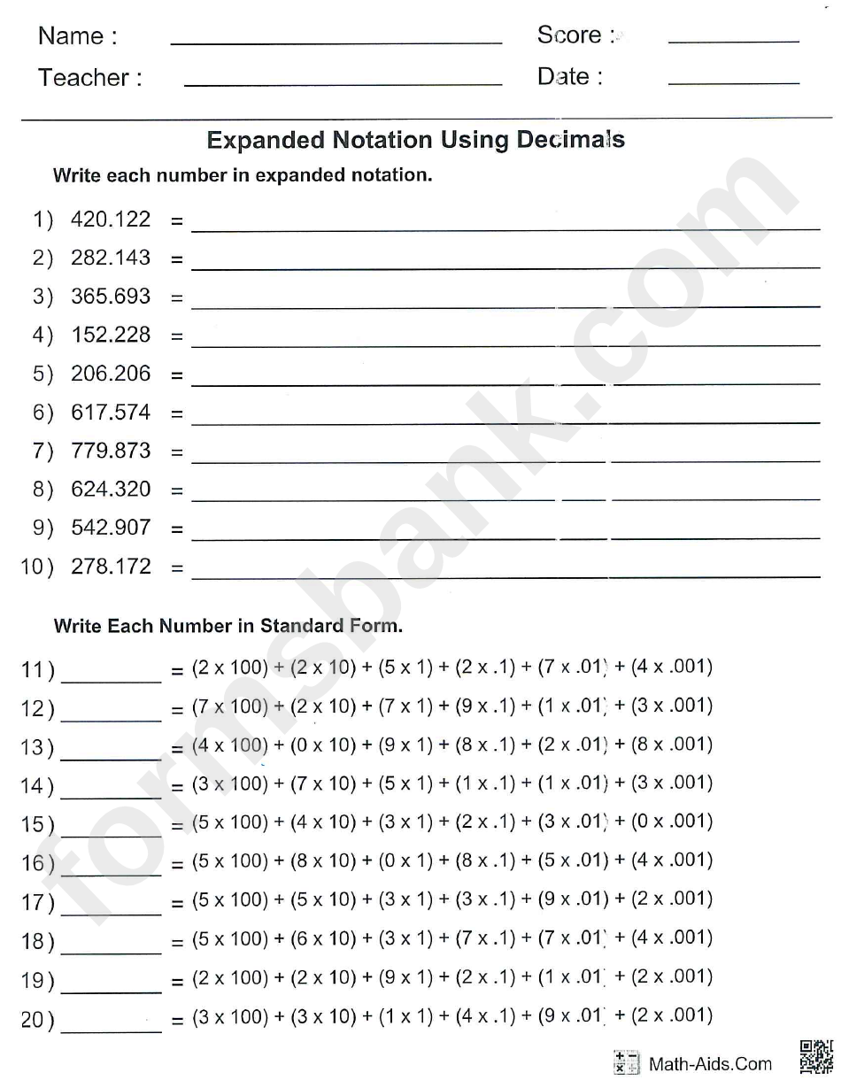 Expanded Notation Using Decimals Worksheet Printable Pdf Download 0870