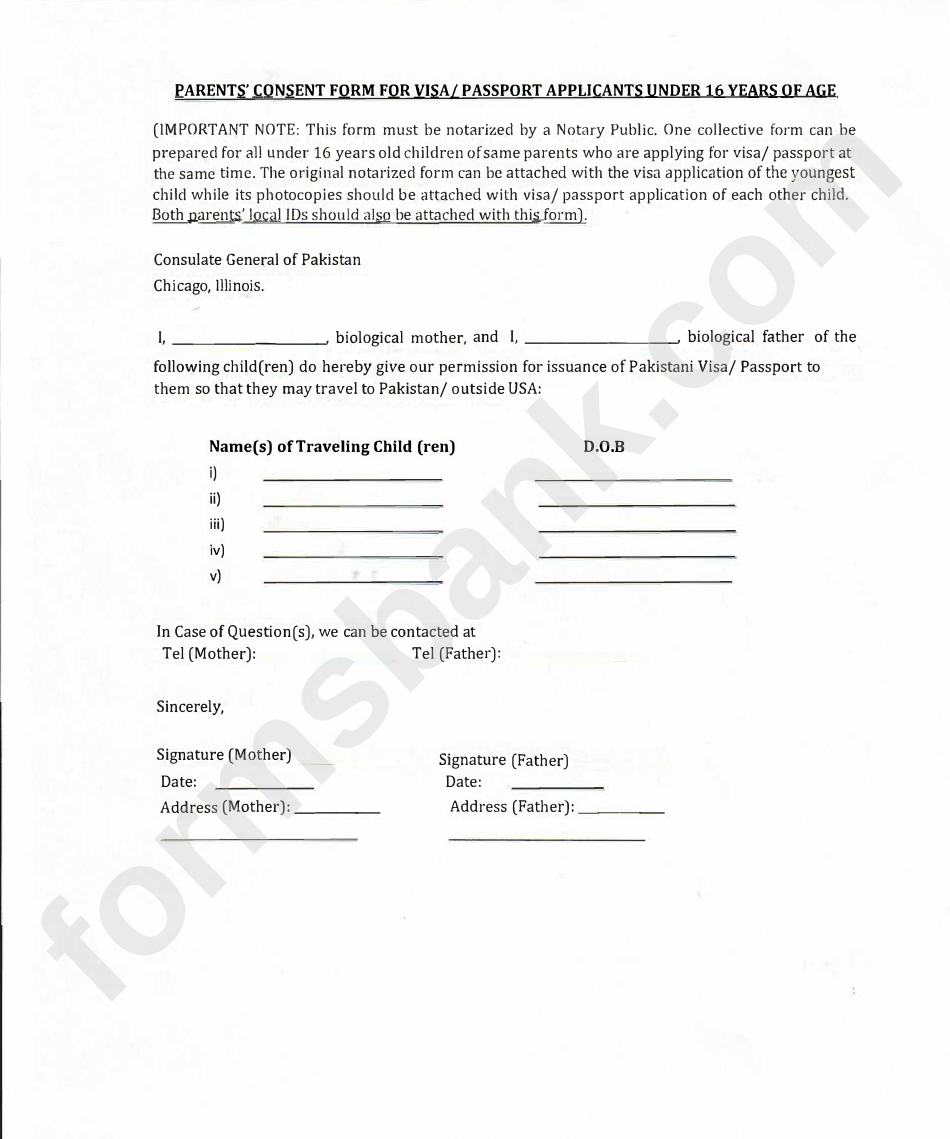 Fillable Parents' Consent Form For Visa/passport Applicants Under 16